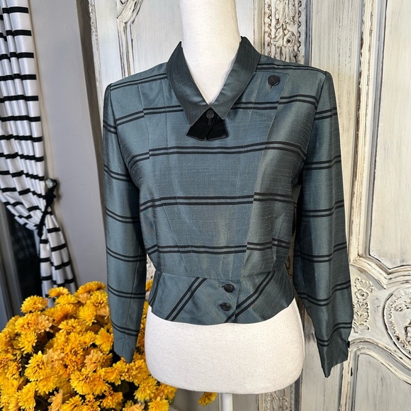 Coletti Elegant Green Plaid Victorian Women's Long Sleeve Peplum Blouse - Picture 1 of 9